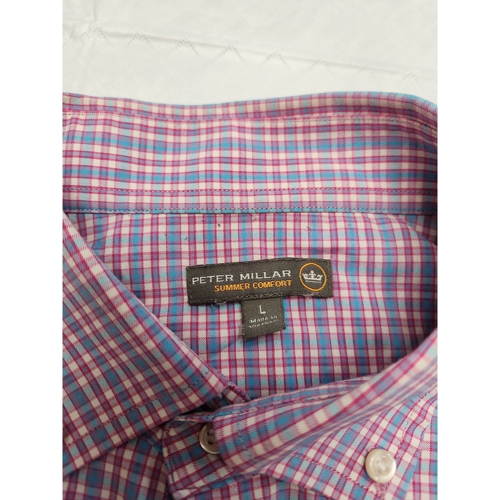 Peter Millar Summer Comfort Shirt Mens Large Pink Plaid Stretch Button Up Casual - Picture 3 of 12